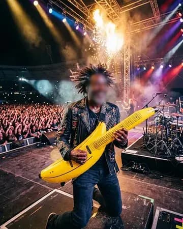 A stadium rock star mid-solo on an inflatable banana guitar