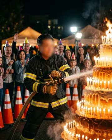 A firefighter hosing down a birthday cake blazing with hundreds of candles