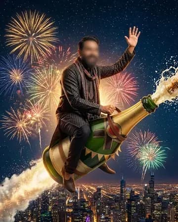 Riding a champagne bottle like a rocket through a starry sky