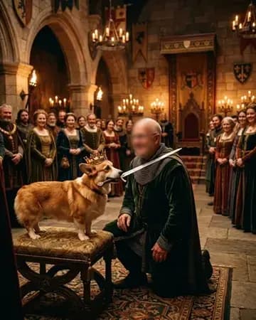 Kneeling in a throne room to be knighted by a corgi wearing a crown