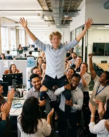 Carried shoulder-high through the office by cheering colleagues