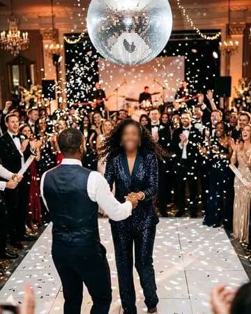 A first dance under a giant disco ball as confetti cannons fire