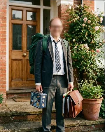 A grown-up's first-day-of-school photo in a too-small uniform