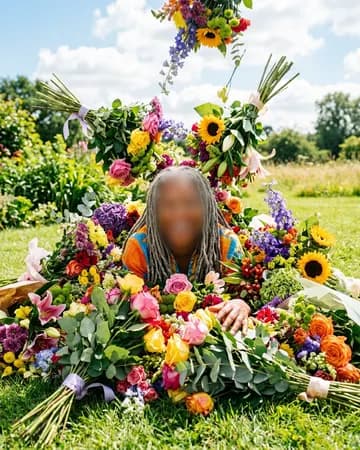 Laughing on a lawn, half buried under an avalanche of thank-you bouquets