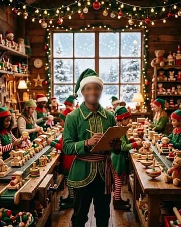 Santa's head elf running the toy workshop with a clipboard