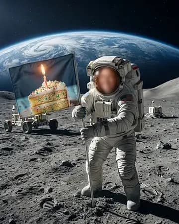 An astronaut on the moon planting a giant slice of birthday cake as a flag