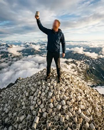 On the summit of a mountain made of thousands of coffee mugs