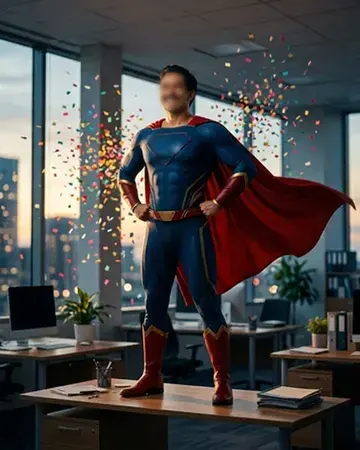 A caped superhero standing on an office desk as confetti explodes