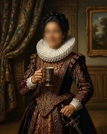 A grand Renaissance oil portrait, holding a coffee mug like a sceptre