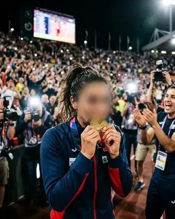 Biting a giant gold medal in a packed stadium