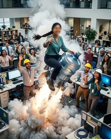 Blasting off on a rocket made from the office water cooler