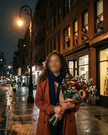 The lead in a rom-com, holding a huge bouquet in the rain