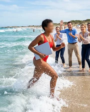 Sprinting out of the sea in slow motion to carry a laptop to safety
