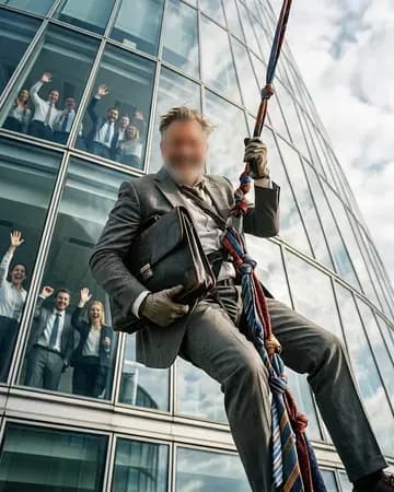 Abseiling down an office tower on a rope of knotted ties