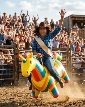 Riding a bucking inflatable rainbow unicorn at a rodeo
