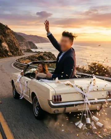 Waving from a vintage convertible trailing tin cans along the coast